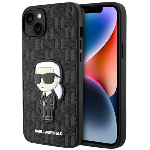 Capa para Apple iPhone 14 Plus, Karl Lagerfeld, Saffiano Monogram Ikonik Karl, Preta
