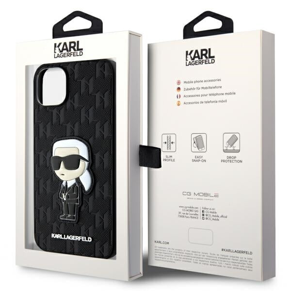 Capa para Apple iPhone 14 Plus, Karl Lagerfeld, Saffiano Monogram Ikonik Karl, Preta