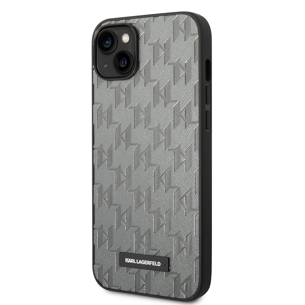 Capa para Apple iPhone 14 Plus, Karl Lagerfeld, Saffiano Monogram Metal Logo, Cinza