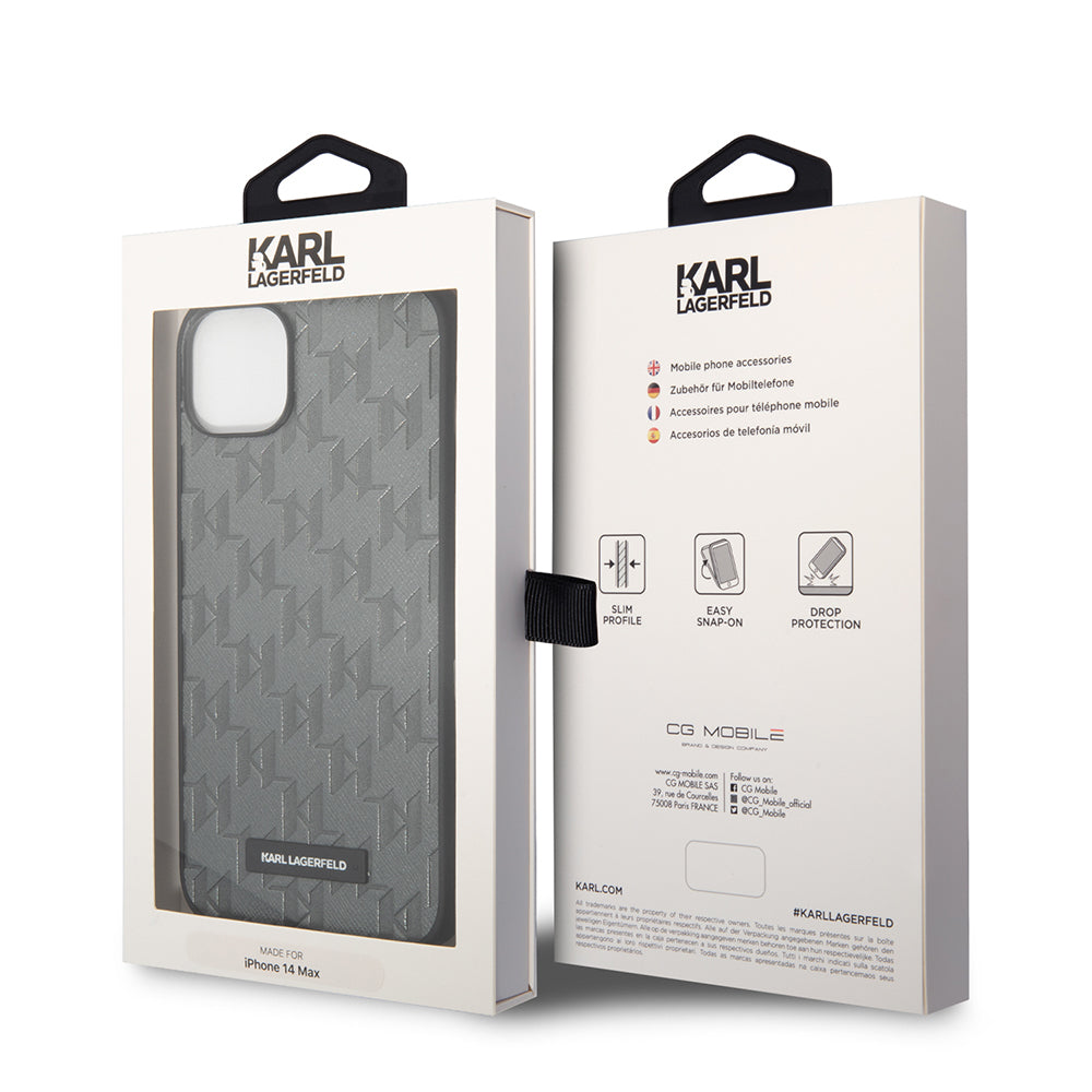 Capa para Apple iPhone 14 Plus, Karl Lagerfeld, Saffiano Monogram Metal Logo, Cinza