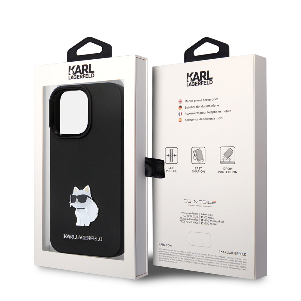 Capa para Apple iPhone 14 Pro, Karl Lagerfeld, Silicone Choupette Metal, Preta