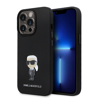 Capa para Apple iPhone 14 Pro, Karl Lagerfeld, Silicone Ikonik Karl Metal, Preta