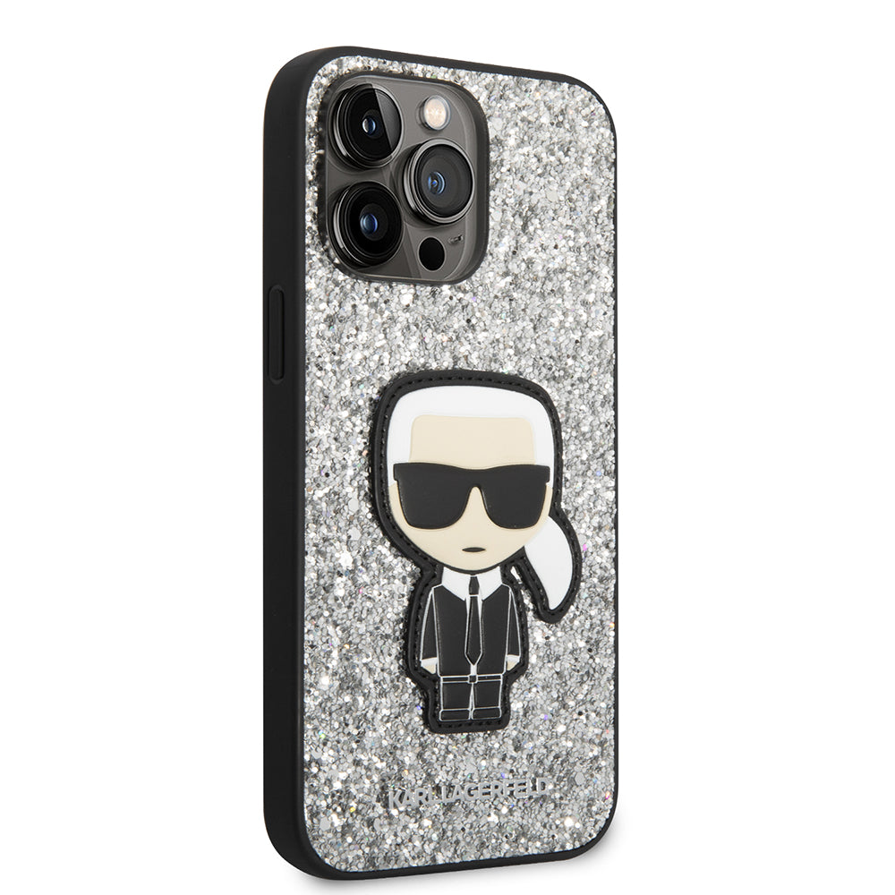 Capa para Apple iPhone 14 Pro Max, Karl Lagerfeld, Glitter Flakes Ikonik Karl, Prateada.