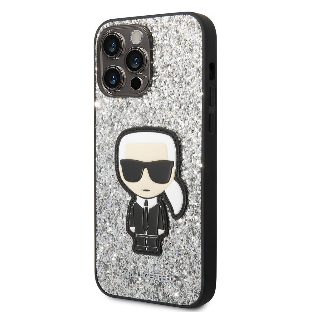 Capa para Apple iPhone 14 Pro Max, Karl Lagerfeld, Glitter Flakes Ikonik Karl, Prateada.