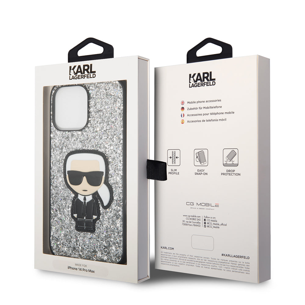 Capa para Apple iPhone 14 Pro Max, Karl Lagerfeld, Glitter Flakes Ikonik Karl, Prateada.