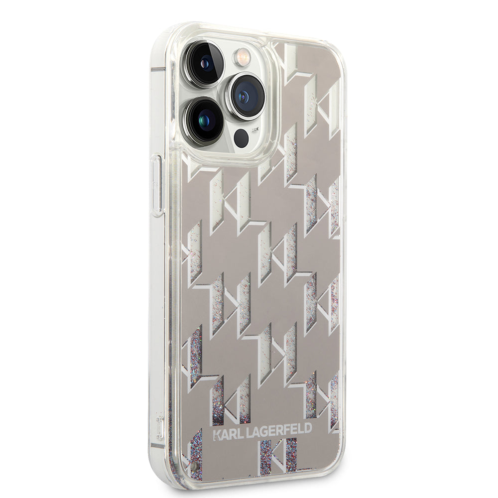 Capa para Apple iPhone 14 Pro Max, Karl Lagerfeld, Liquid Glitter Monogram, Prateada.