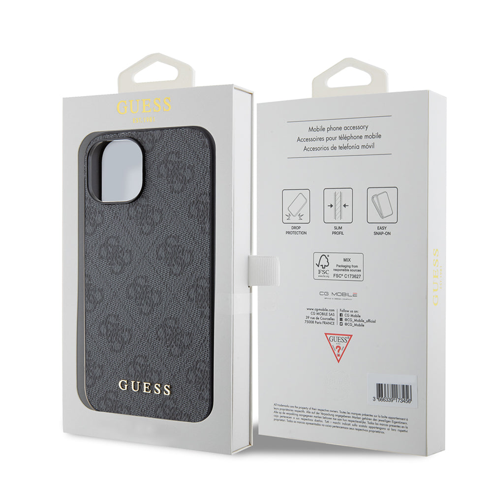 Capa para Apple iPhone 15, Guess, 4G Metal Gold Logo, Cinza