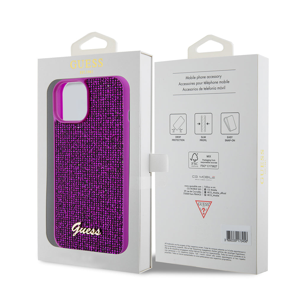 Capa para Apple iPhone 15, Guess, Disco Metal Script, Fúcsia