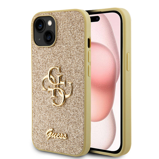 Capa para Apple iPhone 15, Guess, Glitter Big 4G Script, Dourada