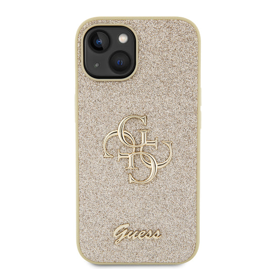 Capa para Apple iPhone 15, Guess, Glitter Big 4G Script, Dourada