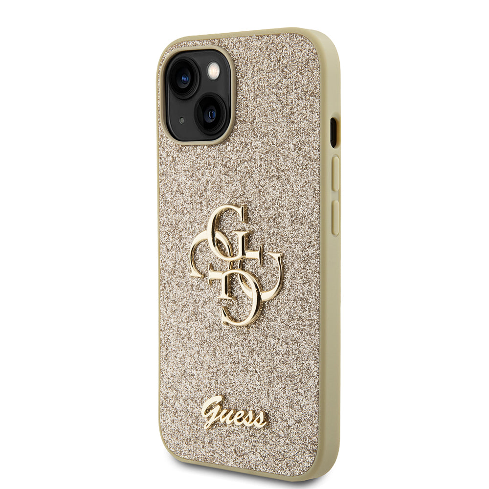 Capa para Apple iPhone 15, Guess, Glitter Big 4G Script, Dourada