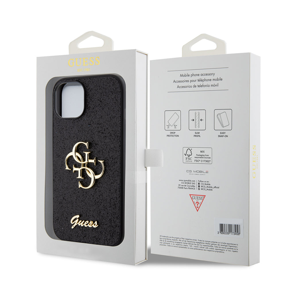 Capa para Apple iPhone 15, Guess, Glitter Big 4G Script, Preta