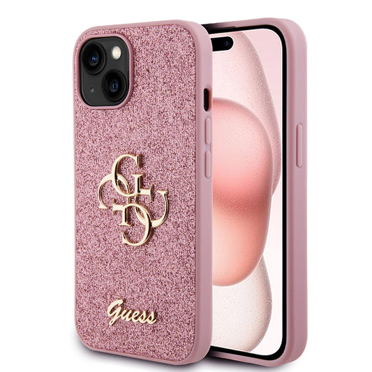 Capa para Apple iPhone 15, Guess, Glitter Big 4G Script, Rosa