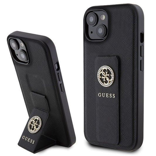Capa para Apple iPhone 15, Guess, Grip Stand 4G Saffiano Strass, Preta