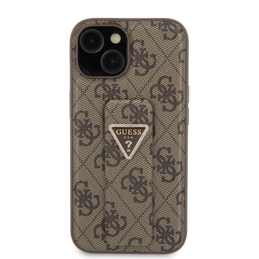 Capa para Apple iPhone 15, Guess, Grip Stand 4G Triangle Strass, Marrom