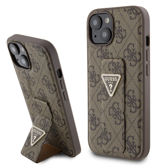 Capa para Apple iPhone 15, Guess, Grip Stand 4G Triangle Strass, Marrom