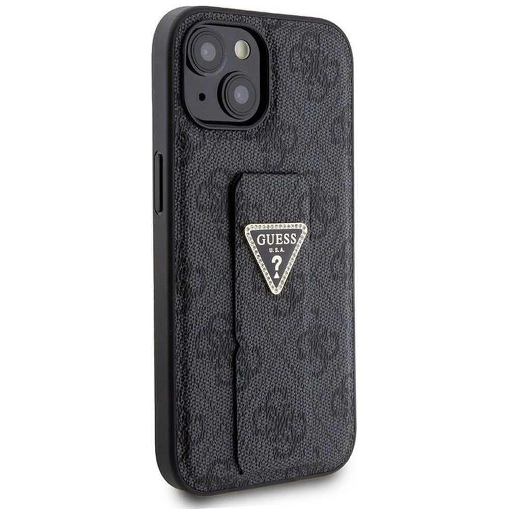 Capa para Apple iPhone 15, Guess, Grip Stand 4G Triangle Strass, Preta