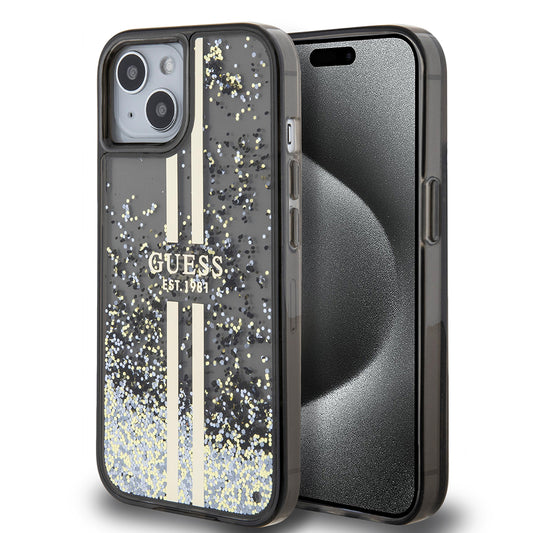 Capa para Apple iPhone 15, Guess, Liquid Glitter Gold Stripes, Preta
