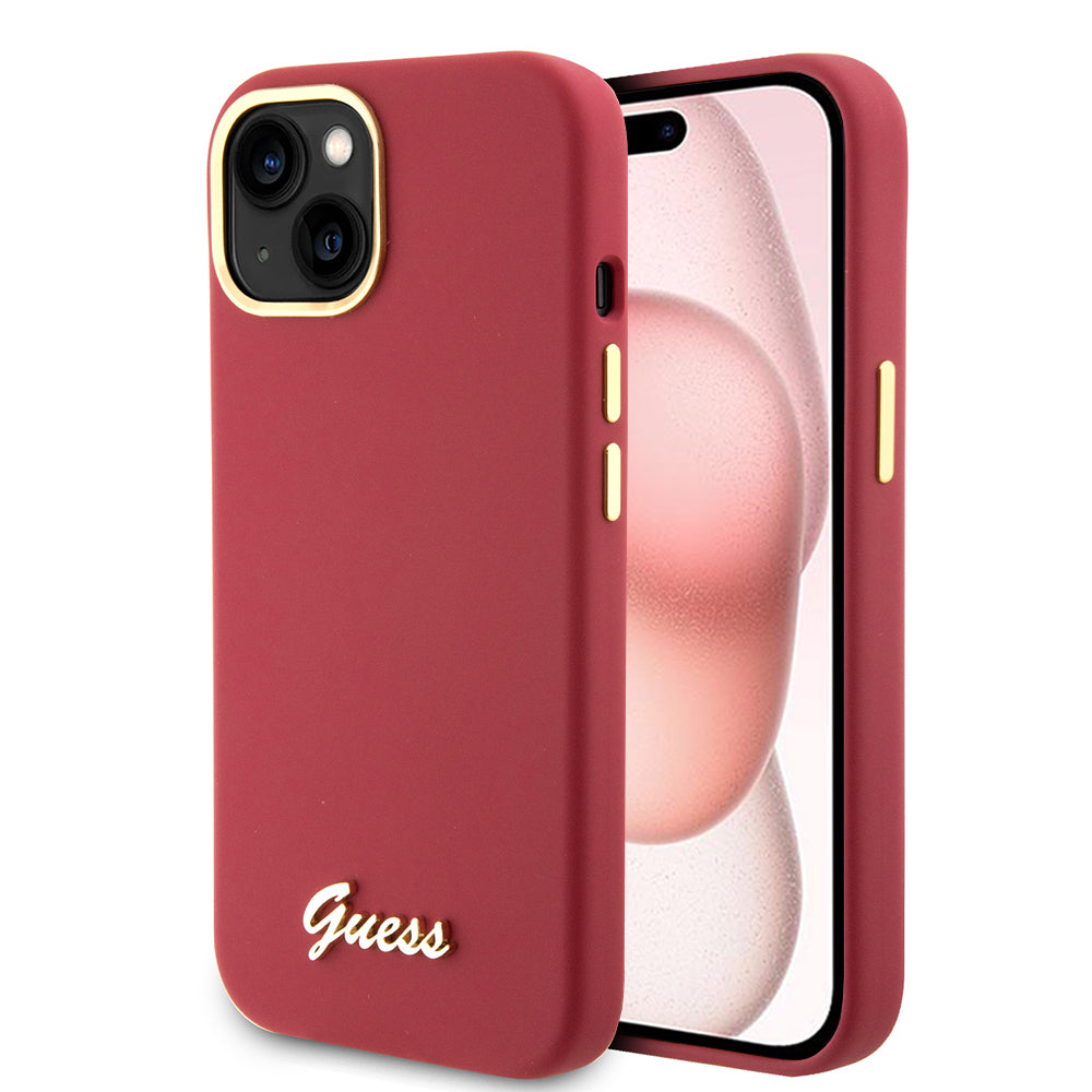 Case for Apple iPhone 15, Guess, Script Metal Logo & Frame, Pink