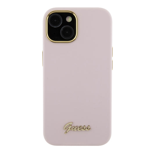 Capa para Apple iPhone 15, Guess, Script Metal Logo & Frame, Rosa Claro