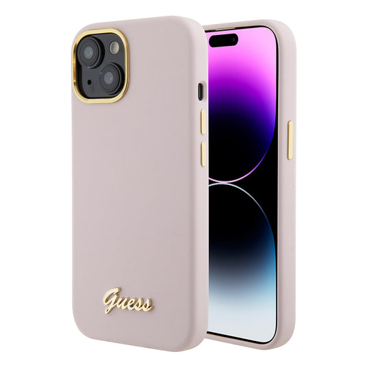 Capa para Apple iPhone 15, Guess, Script Metal Logo & Frame, Rosa Claro