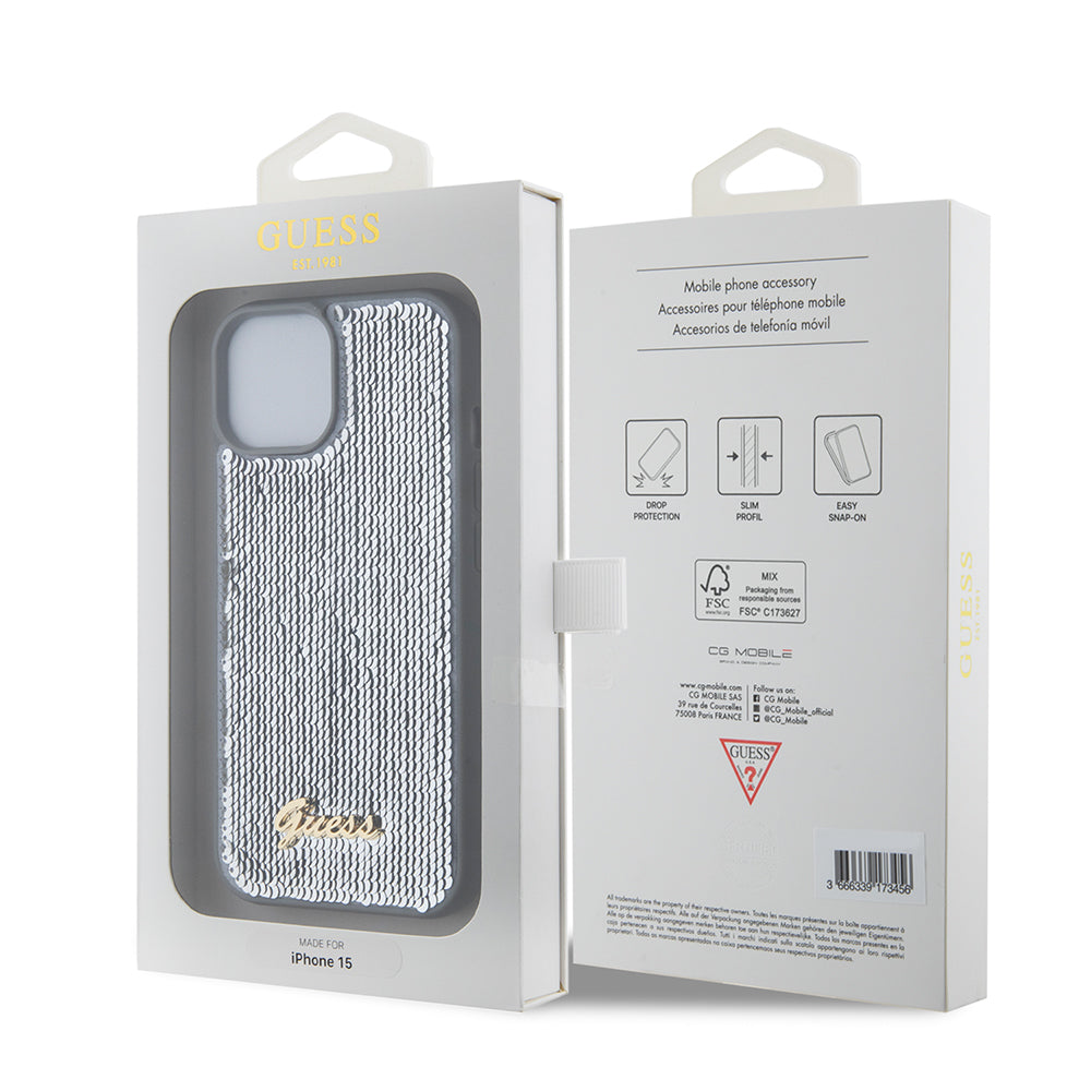 Capa para Apple iPhone 15, Guess, Sequin Script Metal, Prateada