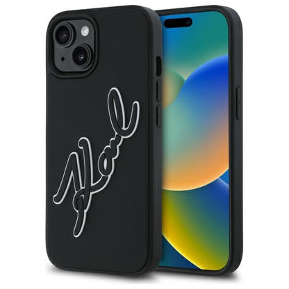 Capa para Apple iPhone 15, Karl Lagerfeld, Assinatura de Borracha 3D, Preta