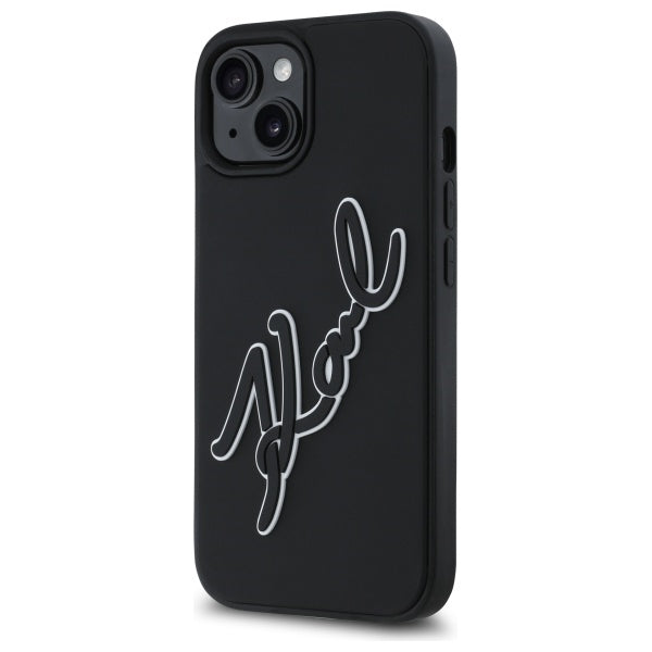 Capa para Apple iPhone 15, Karl Lagerfeld, Assinatura de Borracha 3D, Preta