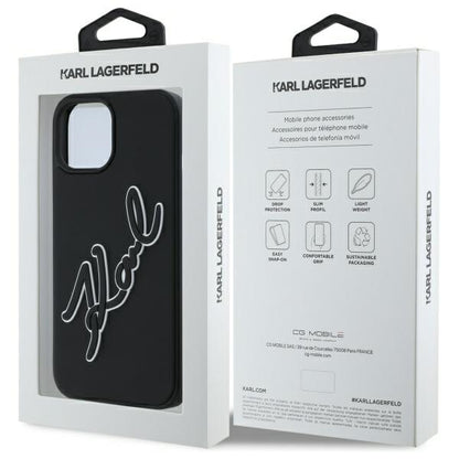 Capa para Apple iPhone 15, Karl Lagerfeld, Assinatura de Borracha 3D, Preta