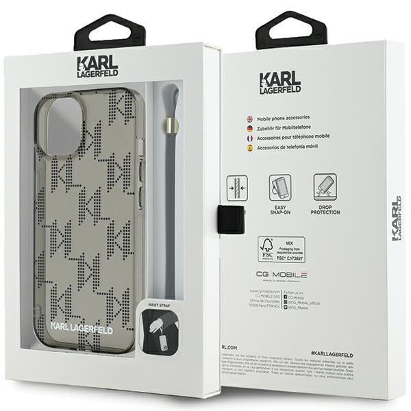 Capa para Apple iPhone 15, Karl Lagerfeld, IML Luxury Monogram KL Pattern with Strap, Preta