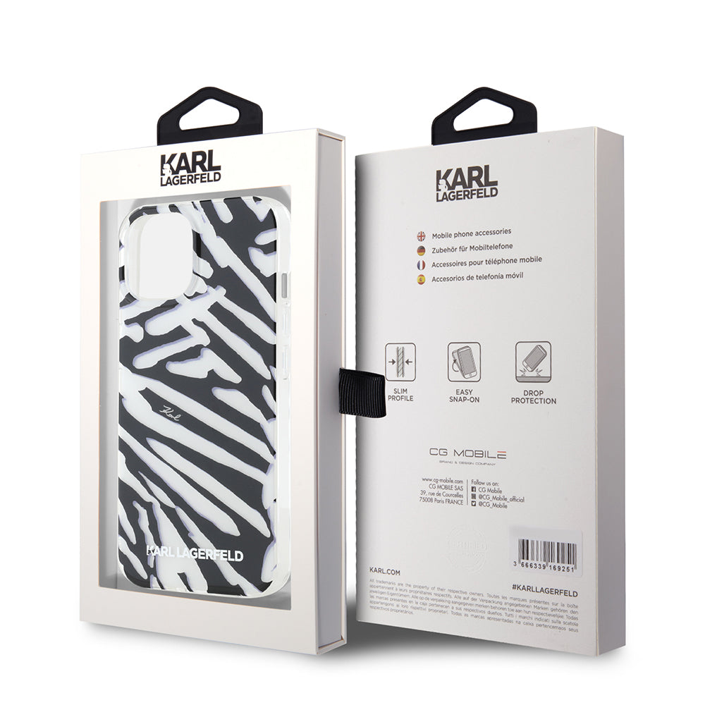 Capa para Apple iPhone 15, Karl Lagerfeld, Padrão Zebra de Luxo IML com Alça, Preta
