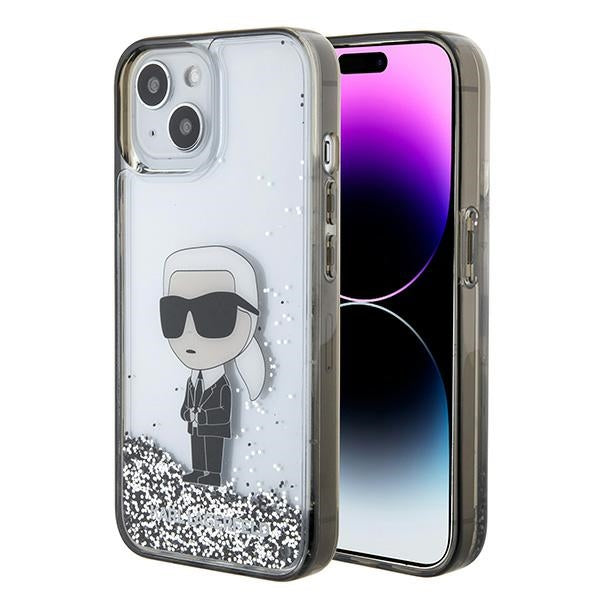 Capa para Apple iPhone 15, Karl Lagerfeld, Liquid Glitter Ikonik Karl, Transparente