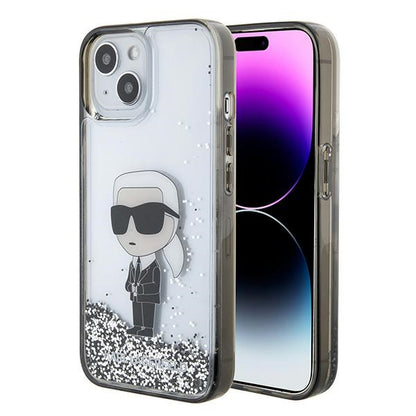 Capa para Apple iPhone 15, Karl Lagerfeld, Liquid Glitter Ikonik Karl, Transparente