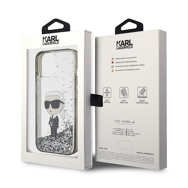 Capa para Apple iPhone 15, Karl Lagerfeld, Liquid Glitter Ikonik Karl, Transparente