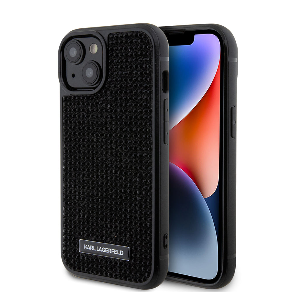 Capa para Apple iPhone 15, Karl Lagerfeld, Placa de Metal com Strass, Preta