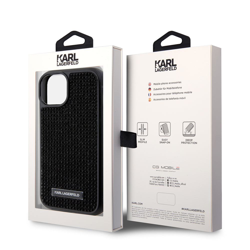 Capa para Apple iPhone 15, Karl Lagerfeld, Placa de Metal com Strass, Preta