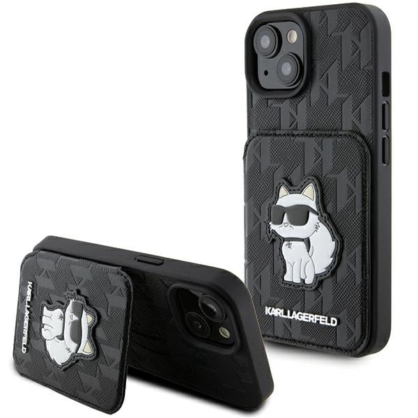 Capa para Apple iPhone 15, Karl Lagerfeld, Saffiano Cardslots and Stand Monogram Choupette, Preta