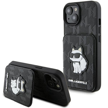 Capa para Apple iPhone 15, Karl Lagerfeld, Saffiano Cardslots and Stand Monogram Choupette, Preta