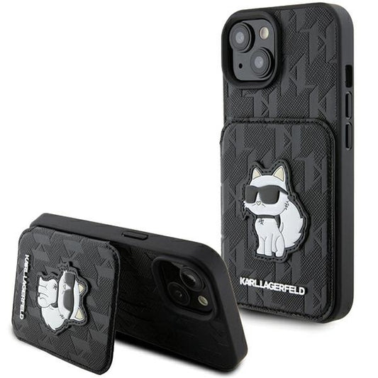 Capa para Apple iPhone 15, Karl Lagerfeld, Saffiano Cardslots and Stand Monogram Choupette, Preta