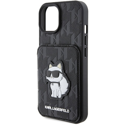 Capa para Apple iPhone 15, Karl Lagerfeld, Saffiano Cardslots and Stand Monogram Choupette, Preta