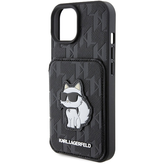 Capa para Apple iPhone 15, Karl Lagerfeld, Saffiano Cardslots and Stand Monogram Choupette, Preta