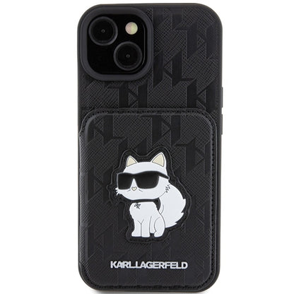 Capa para Apple iPhone 15, Karl Lagerfeld, Saffiano Cardslots and Stand Monogram Choupette, Preta