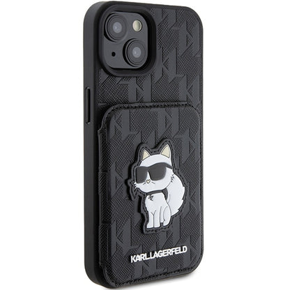 Capa para Apple iPhone 15, Karl Lagerfeld, Saffiano Cardslots and Stand Monogram Choupette, Preta