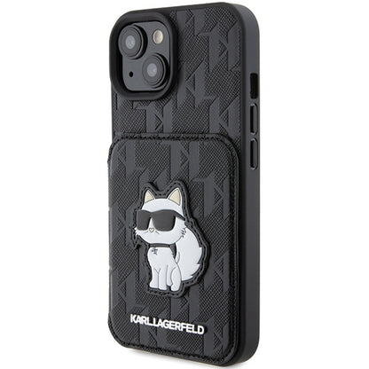 Capa para Apple iPhone 15, Karl Lagerfeld, Saffiano Cardslots and Stand Monogram Choupette, Preta