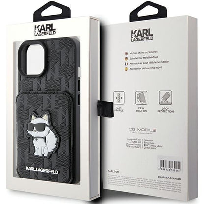 Capa para Apple iPhone 15, Karl Lagerfeld, Saffiano Cardslots and Stand Monogram Choupette, Preta
