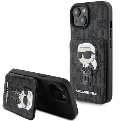 Capa para Apple iPhone 15, Karl Lagerfeld, Saffiano com Slots para Cartões e Suporte Monograma Ikonik Karl, Preta