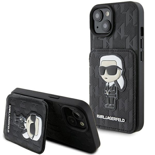 Capa para Apple iPhone 15, Karl Lagerfeld, Saffiano com Slots para Cartões e Suporte Monograma Ikonik Karl, Preta