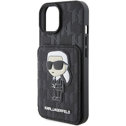 Capa para Apple iPhone 15, Karl Lagerfeld, Saffiano com Slots para Cartões e Suporte Monograma Ikonik Karl, Preta