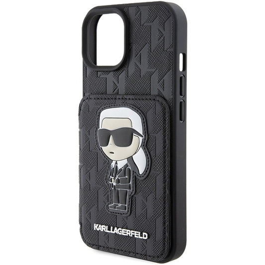 Capa para Apple iPhone 15, Karl Lagerfeld, Saffiano com Slots para Cartões e Suporte Monograma Ikonik Karl, Preta