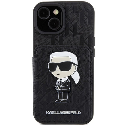 Capa para Apple iPhone 15, Karl Lagerfeld, Saffiano com Slots para Cartões e Suporte Monograma Ikonik Karl, Preta